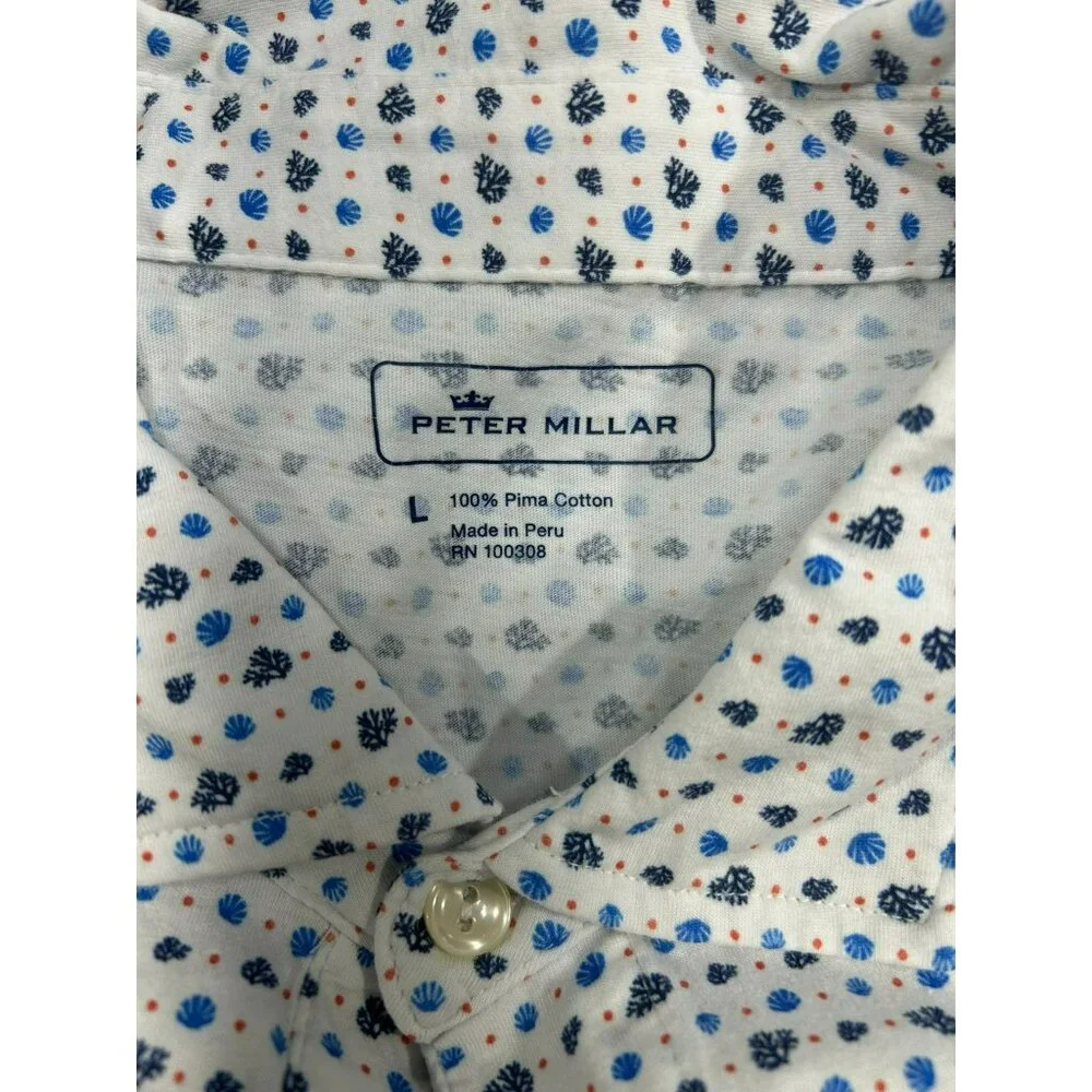 Peter Millar Mens Floral Polo Shirt L White/Blue 100% Pima Cotton Short Sleeve B - Picture 2 of 6